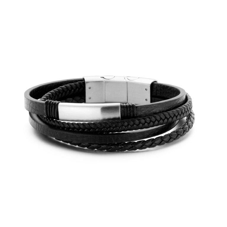 Men's Four-Strand Leather Bracelet - Black/Silver-Front View