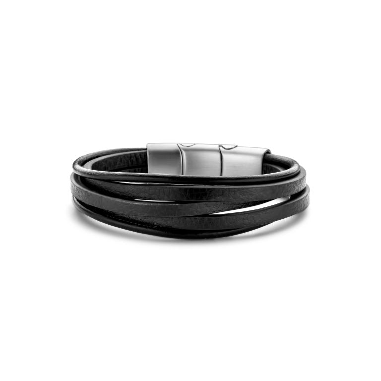 Men's Multi-Strand Leather Bracelet- Black/Silver-Front View
