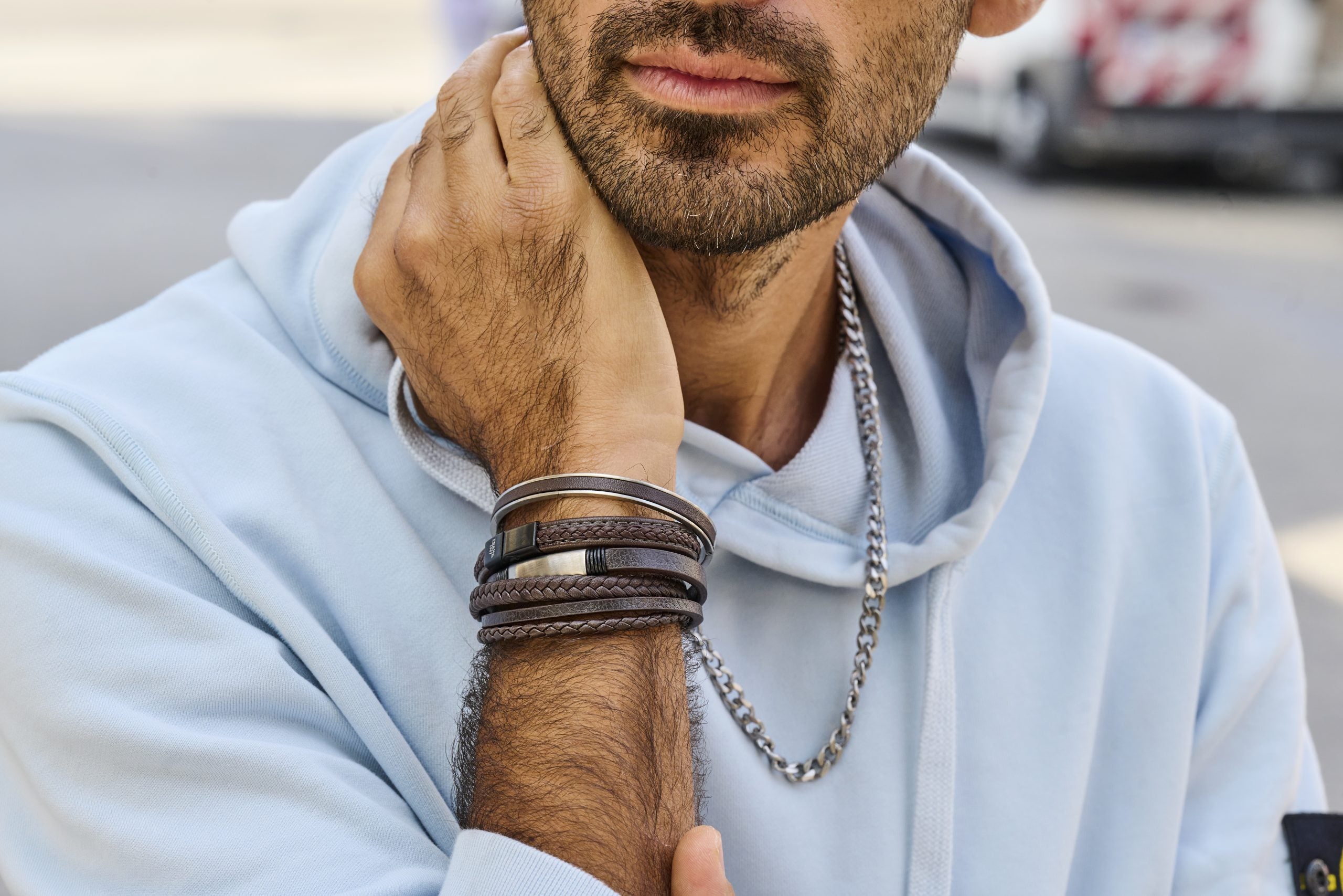 Multi-Strand Brown Leather Bracelet-On wrist view