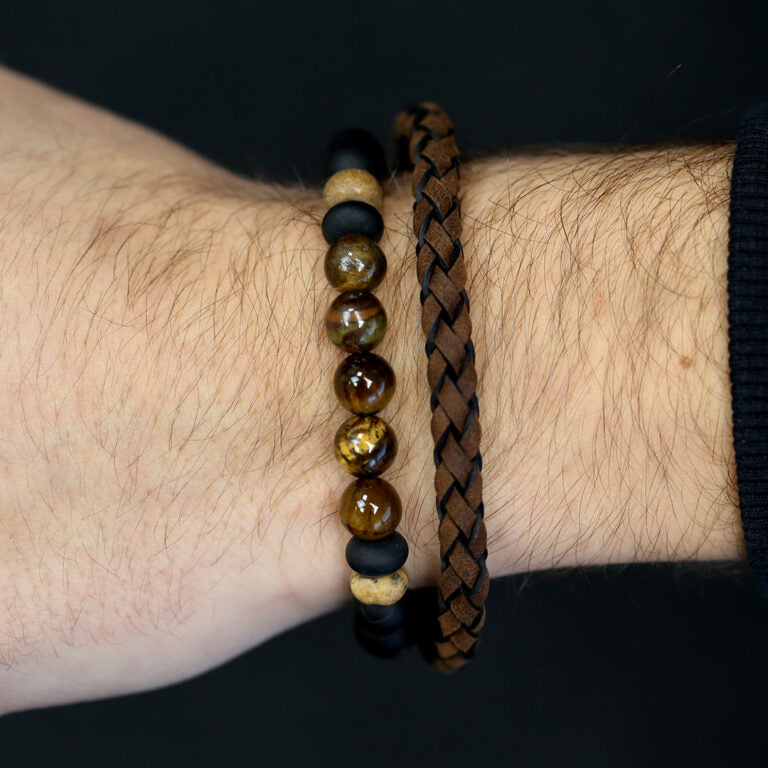 Men's Chunky Natural Stone Beads Bracelet - Brown/Black-Close Up View