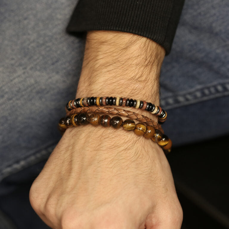 Men's Bold Beads Bracelet - Brown-Model View