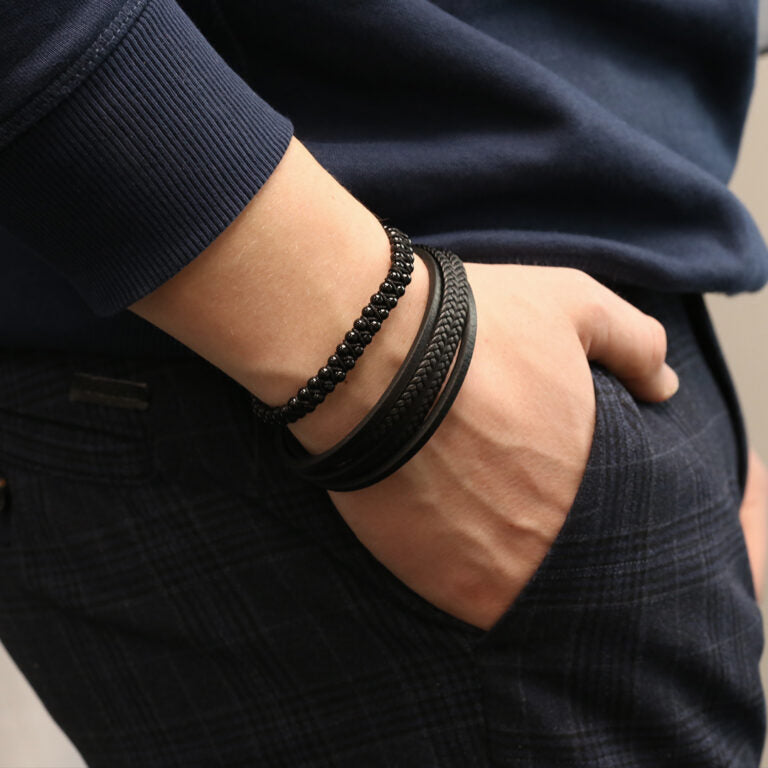Men's Thick Multi-Strand Leather Bracelet - Black/Silver-Model View