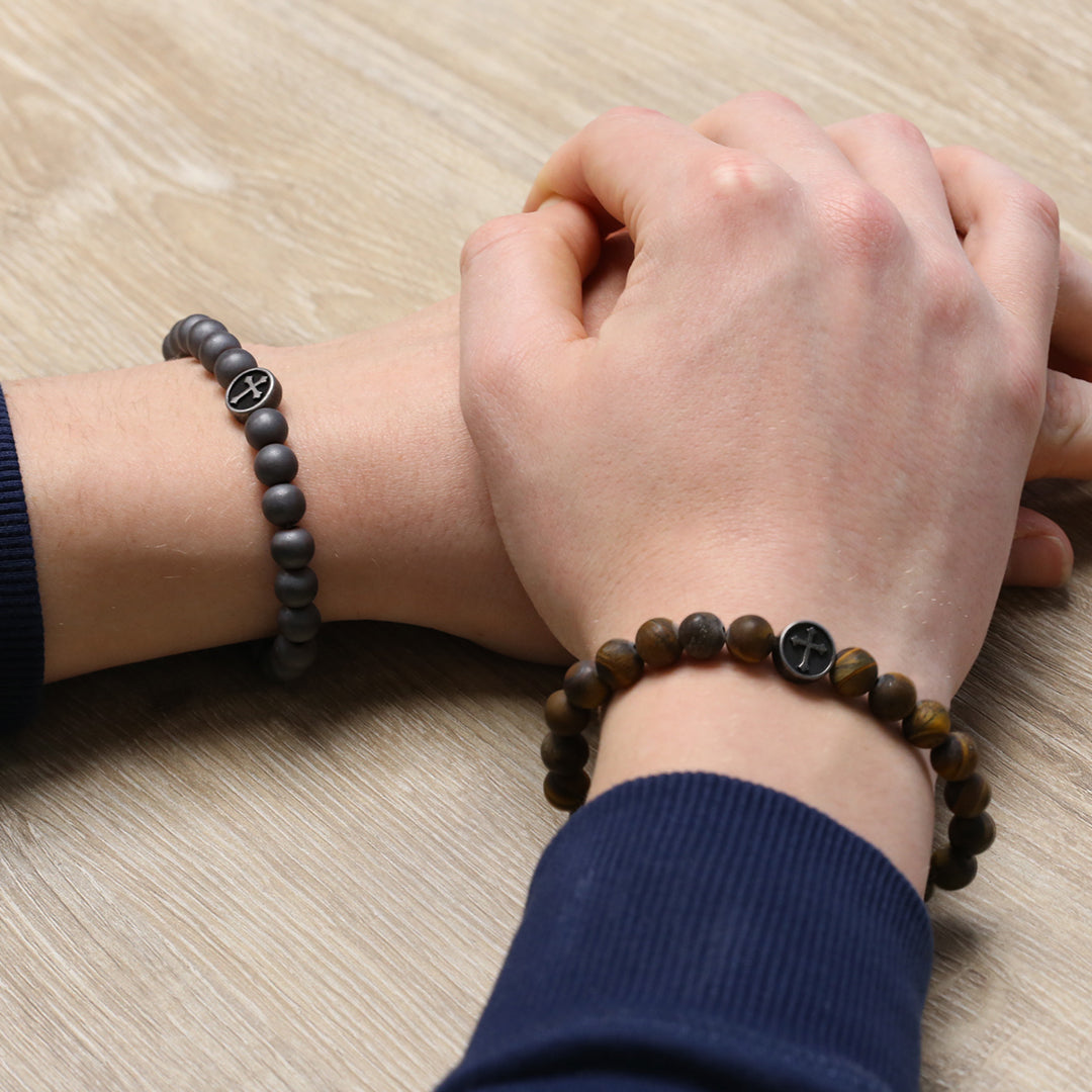 Cross Coin Grey Bead Braclet-On wrist view