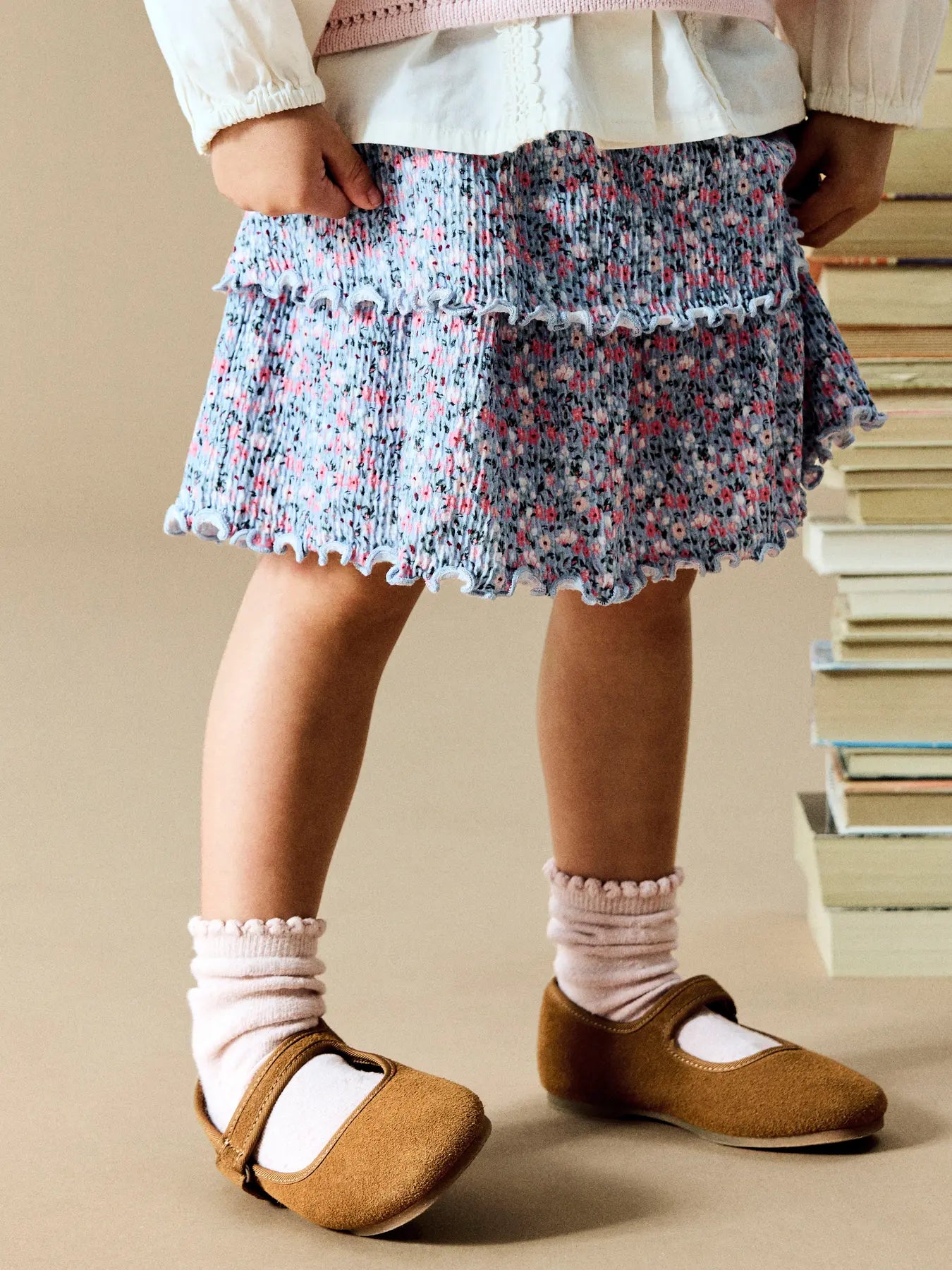 NAME IT Girls Katrina Floral Skirt in Subdued Blue model front view