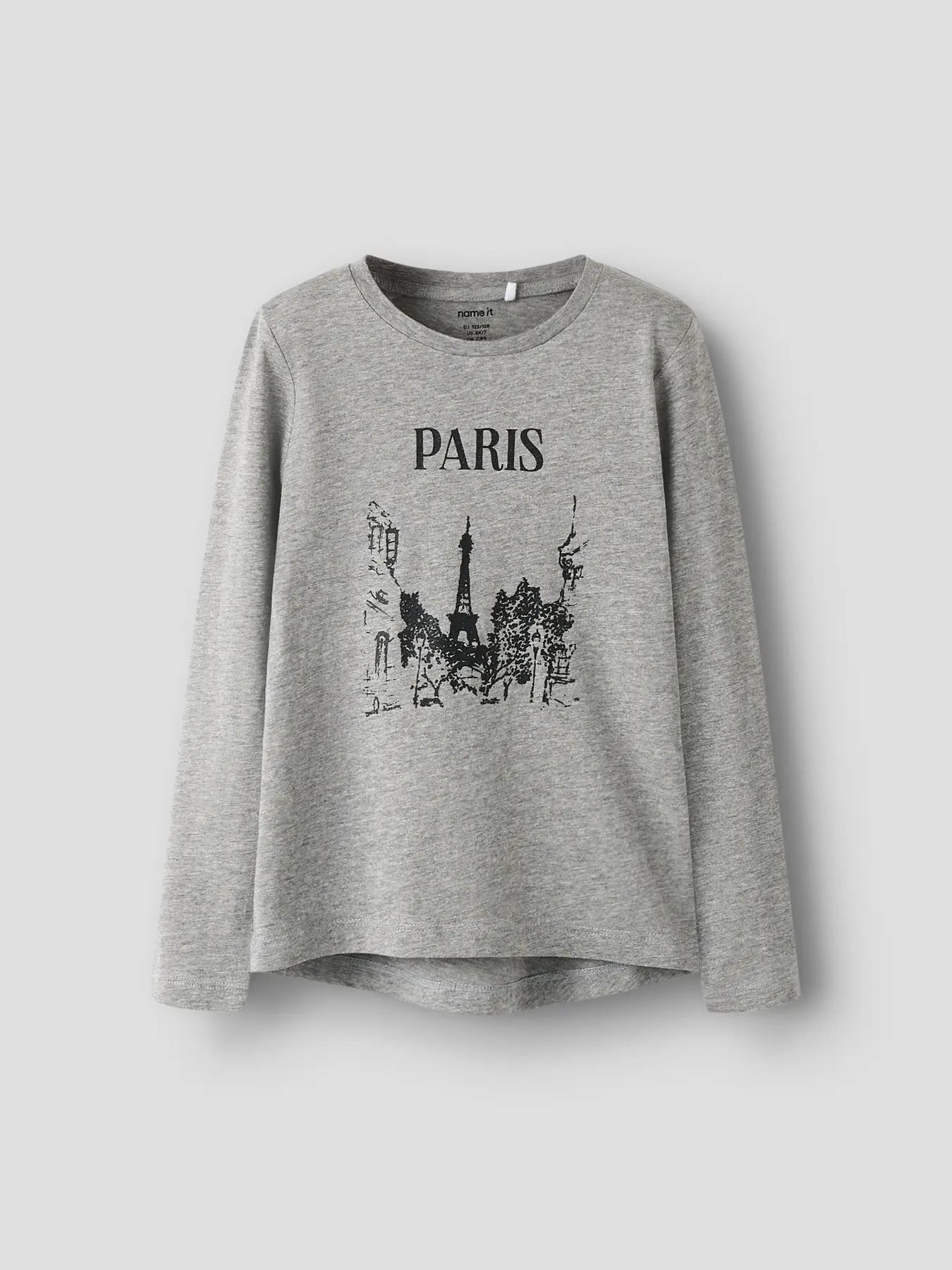 Gray sweatshirt with 'Paris' and cityscape graphic on a light gray background