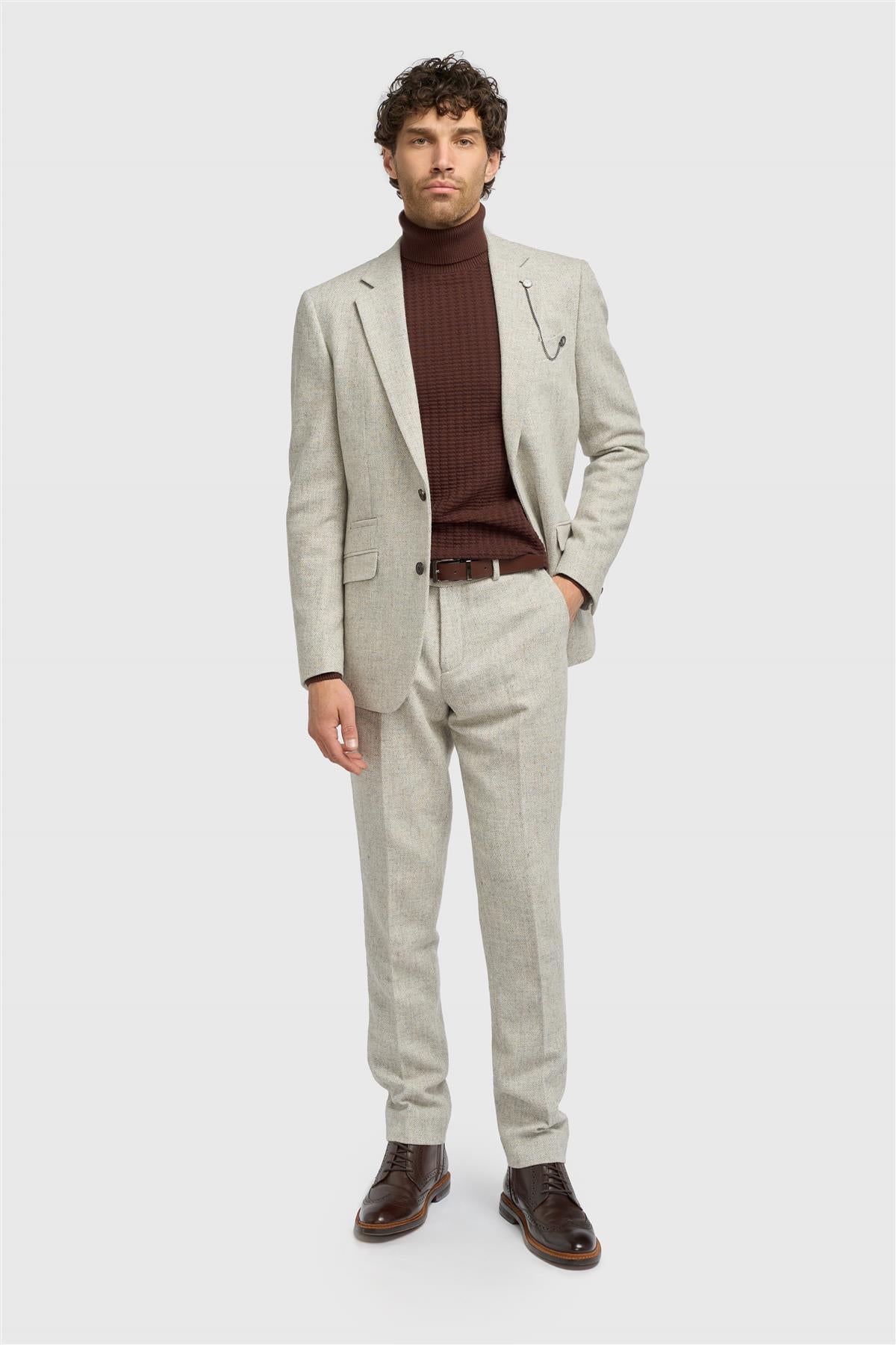 Model angled view of light grey blazer for men
