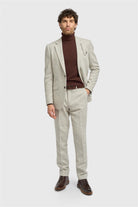 Model angled view of light grey blazer for men