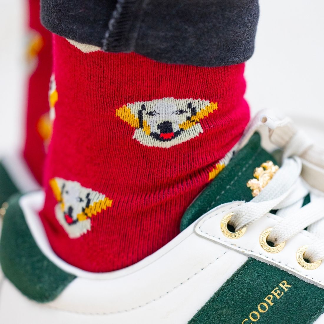 Man wearing red and blue socks with all over retriever design 