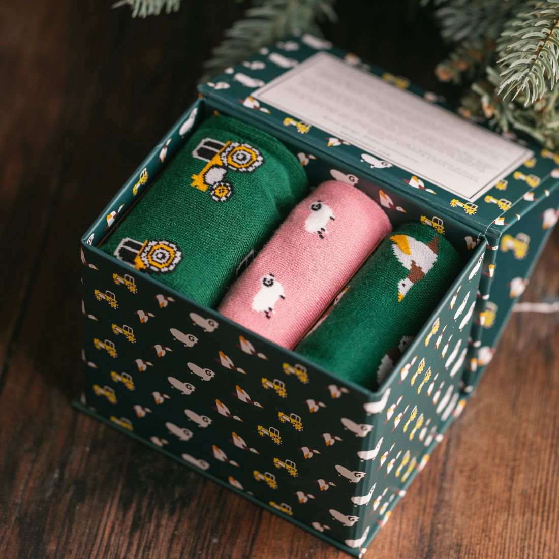  One pair each of Tractors, Sheep and Grouse socks in a gift box
