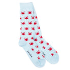 Light blue socks with red crab pattern on a white background