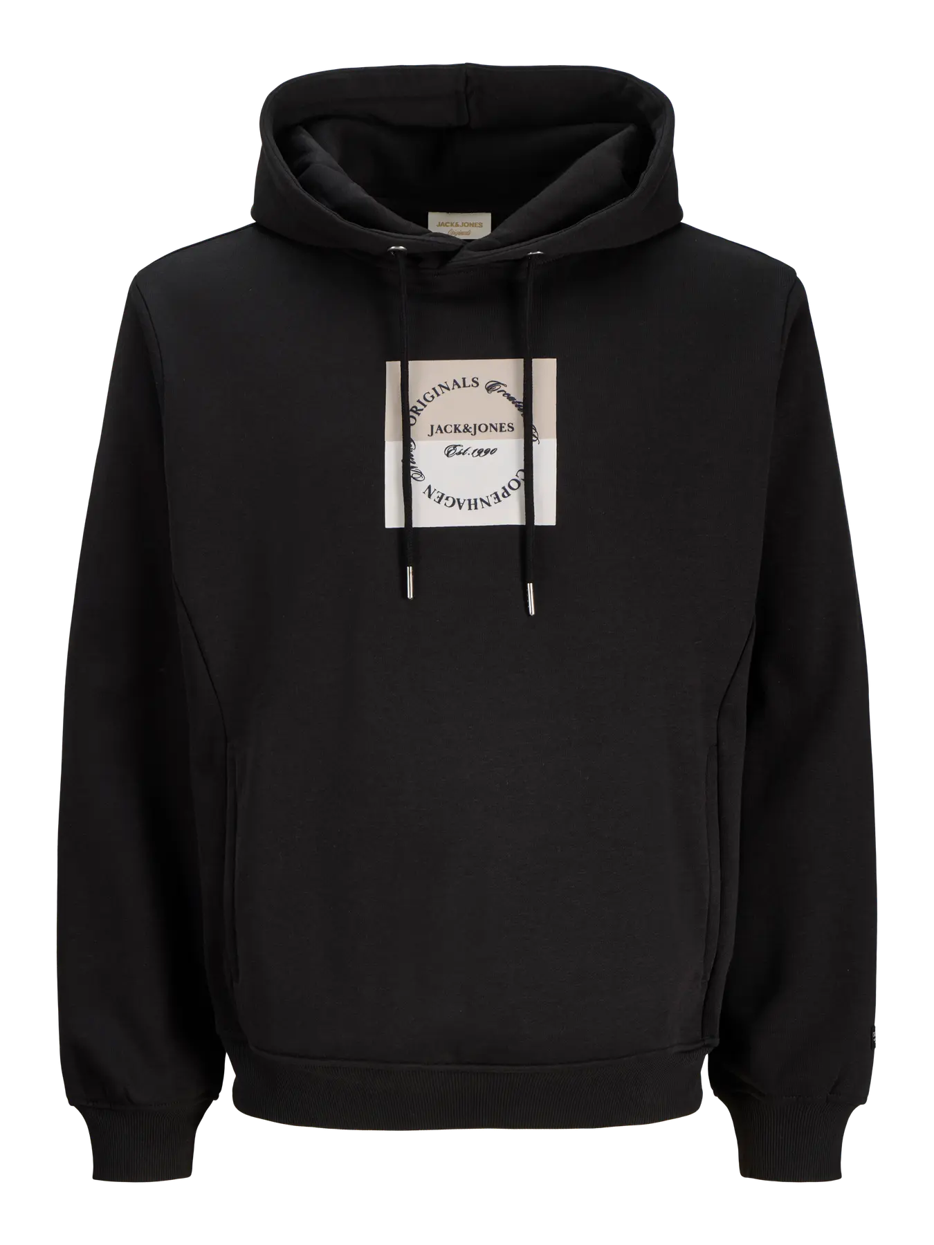Black hoodie with a logo on the chest against a white background