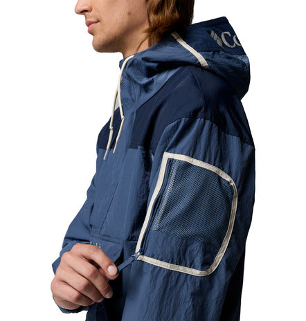 Blue rain jacket with white accents on a white background