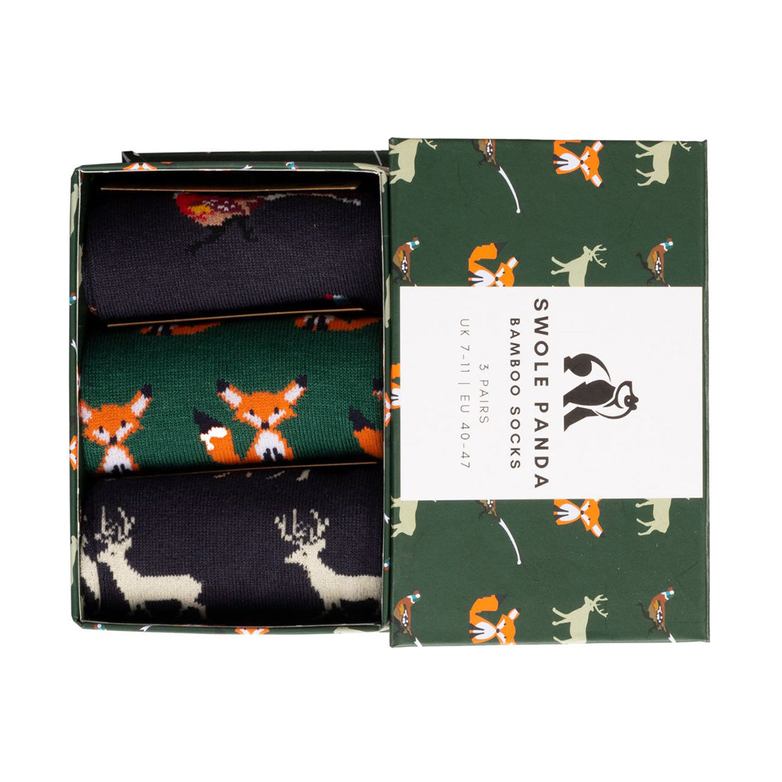 One pair each of Foxes, Stags and Pheasants socks in a gift box on a white background.