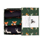 One pair each of Foxes, Stags and Pheasants socks in a gift box on a white background.