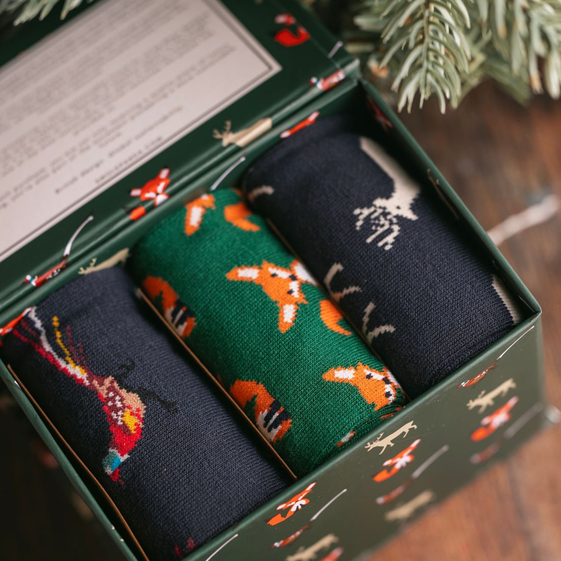 One pair each of Foxes, Stags and Pheasants socks in a gift box.