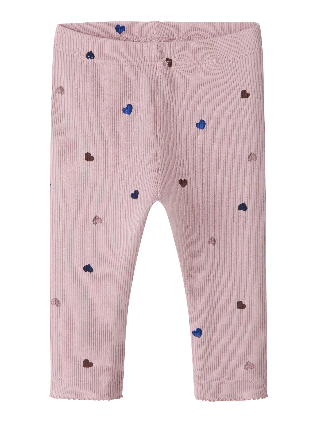 Pink ribbed leggings with heart patterns on a white background