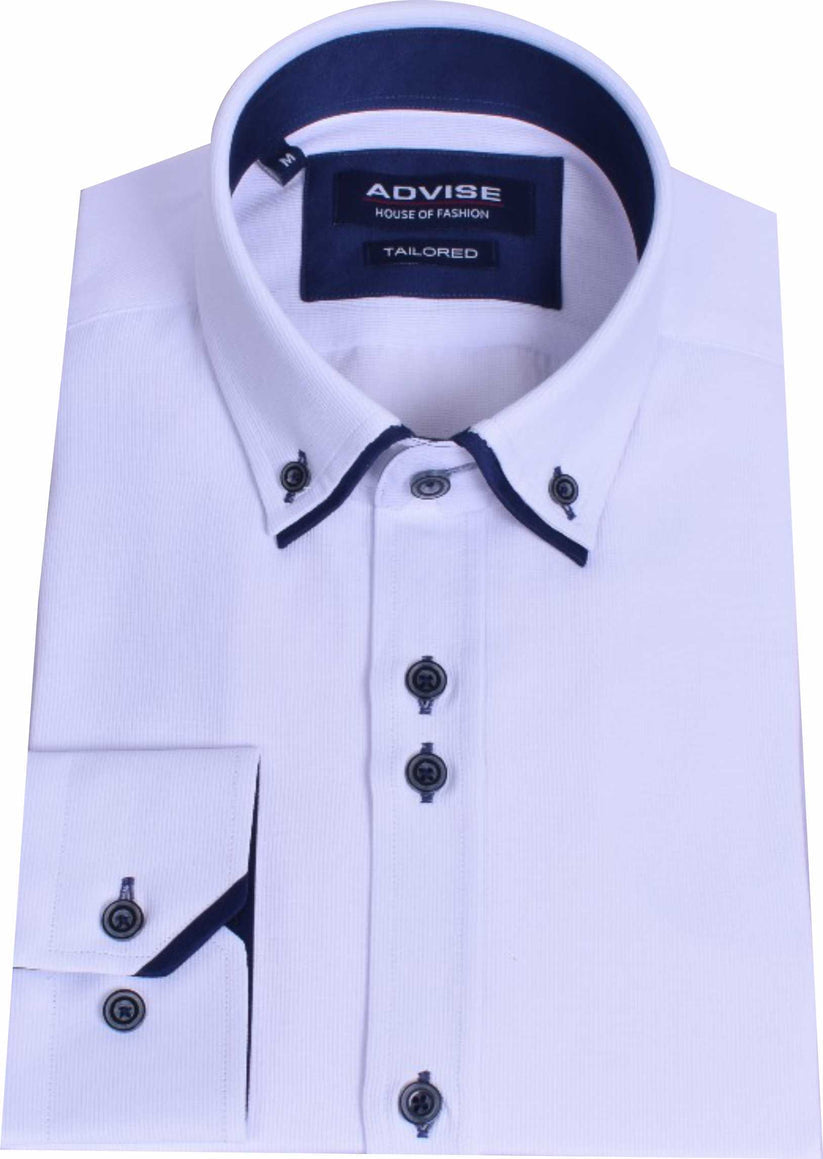 White dress shirt with navy collar and buttons on a white background