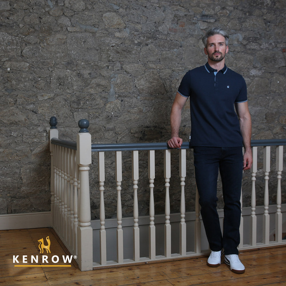Men's Adam Midnight Blue Polo-Model Full Front VIew