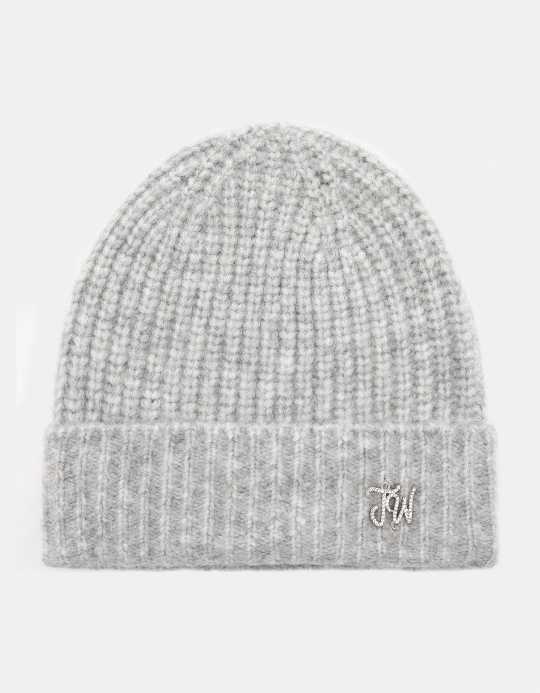 Grey Knitted Beanie With Small TW Strass Logo