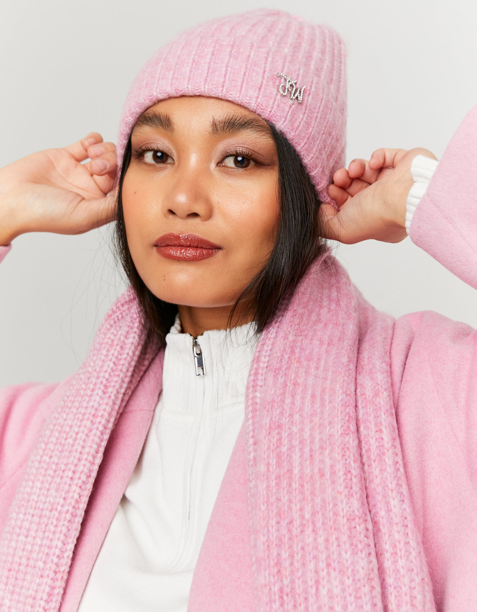 Ladies Pink Knitted Beanie With Small Strass-Closer View of Front