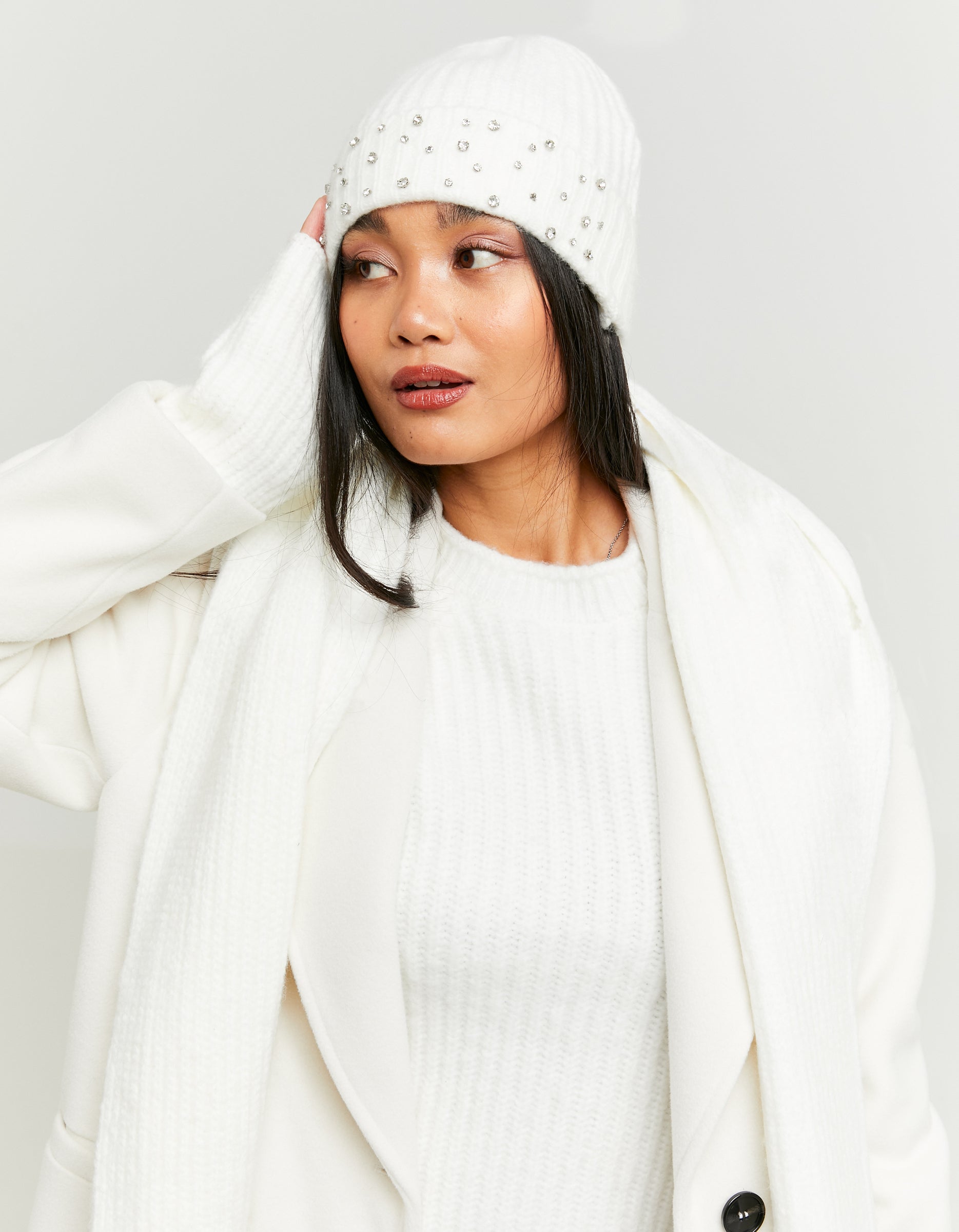 Ladies White Knitted Beanie With Small Strass-Side View