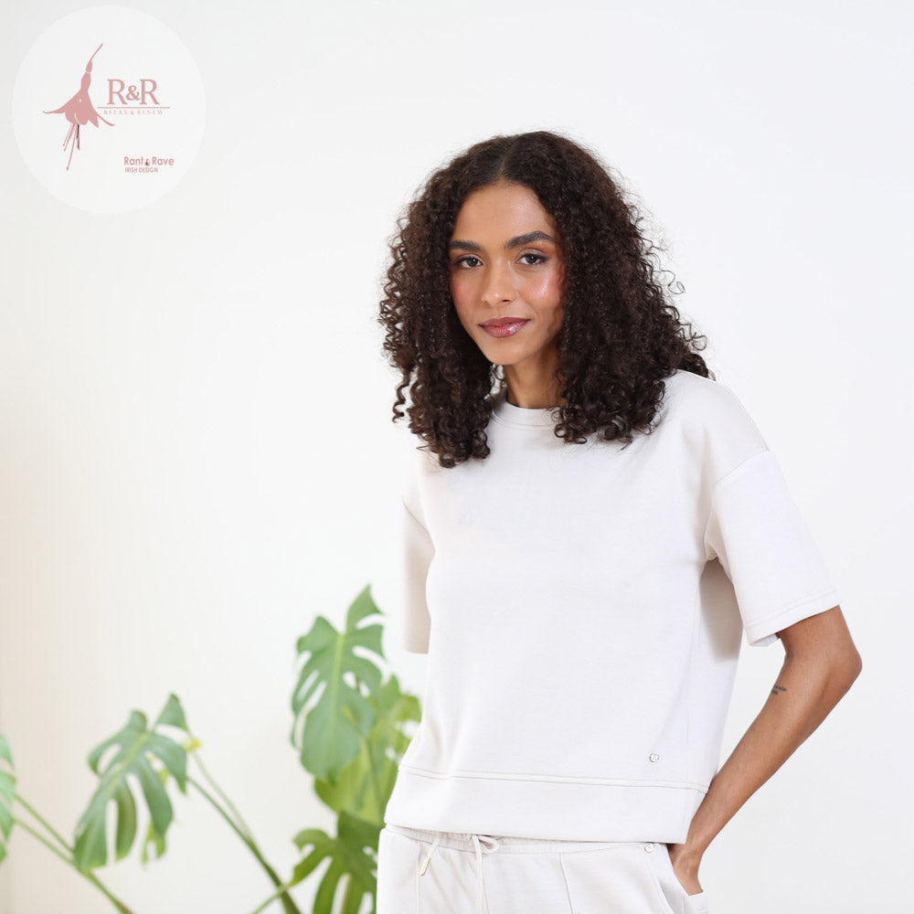 Ladies Relax & Renew Alexandra Short Sleeve Stone Sweater- Front/Side View