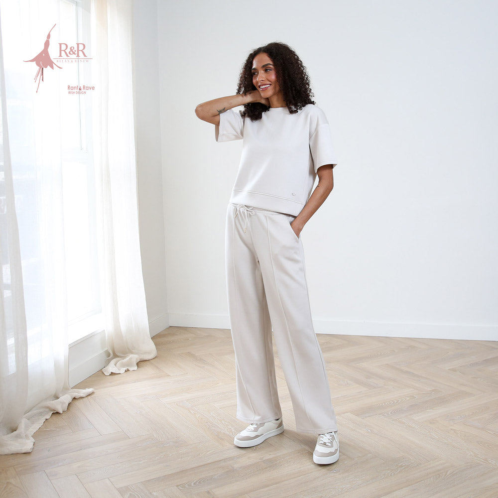 Ladies Relax & Renew Alexandra Short Sleeve Stone Sweater-Model Full Front View