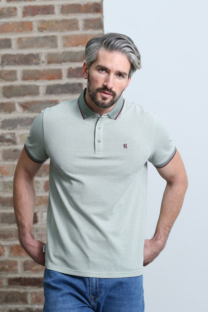 Kenrow Atlas sage polo shirt worn by model, front view