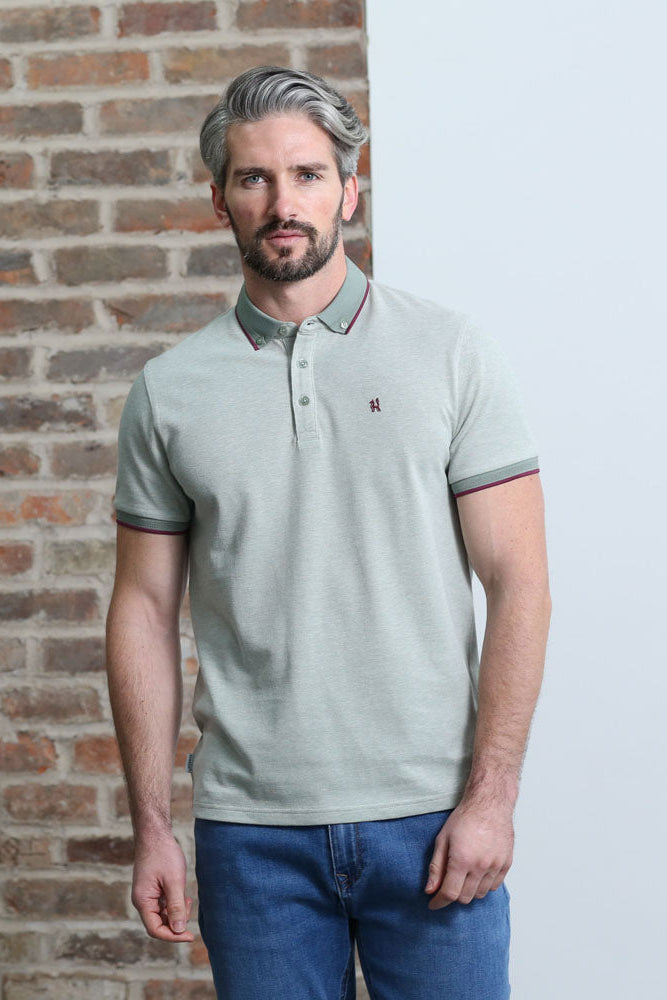 Kenrow Atlas sage polo shirt worn by model, front view