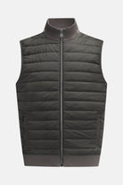 6th Sense Air Peat Gilet in peat colour, front view with horizontal quilted panels, full-length zip, two side zip pockets and ribbed hem.