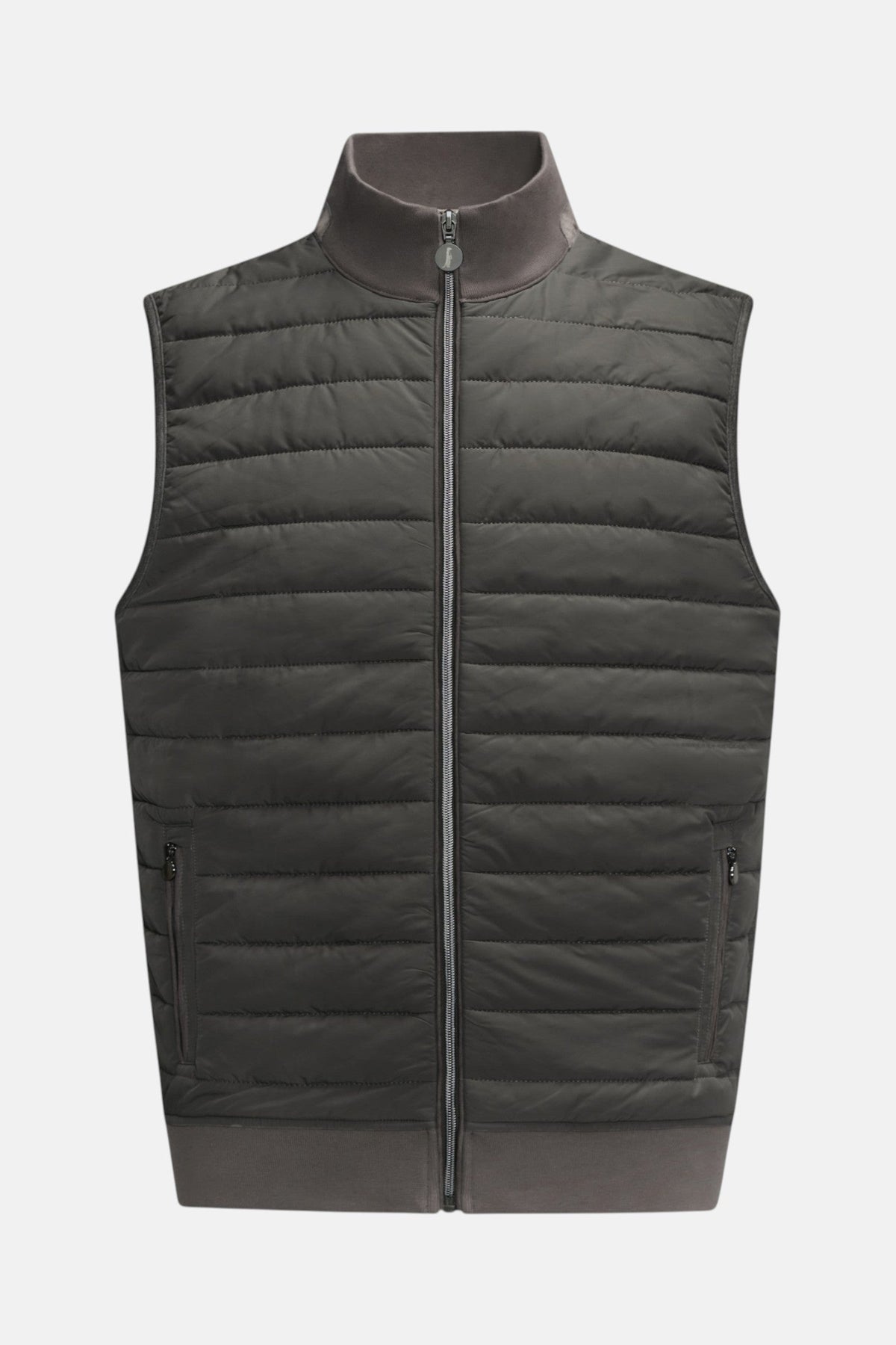 6th Sense Air Peat Gilet in peat colour, front view with horizontal quilted panels, full-length zip, two side zip pockets and ribbed hem.