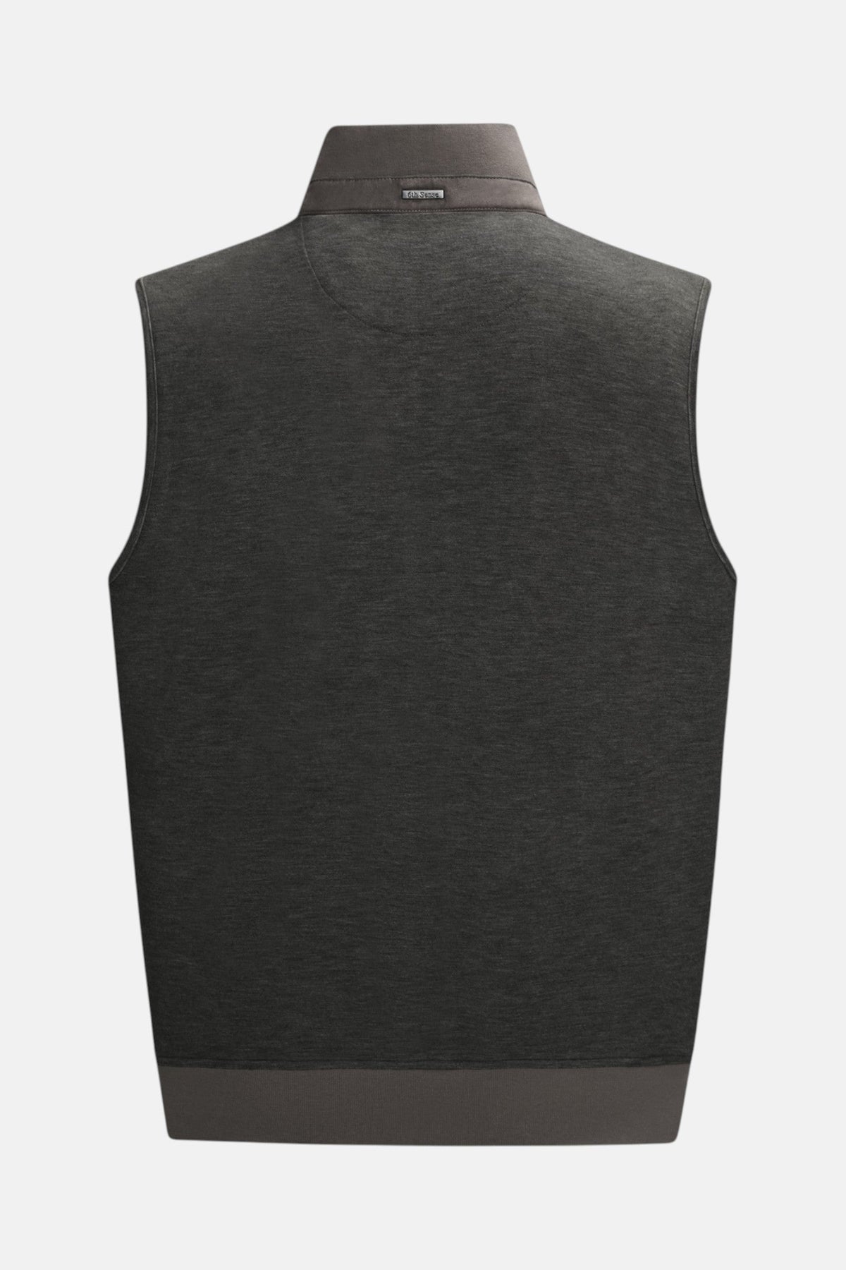 6th Sense Air Peat Gilet back view showing plain peat marl body, ribbed collar with 6th Sense label and ribbed hem.