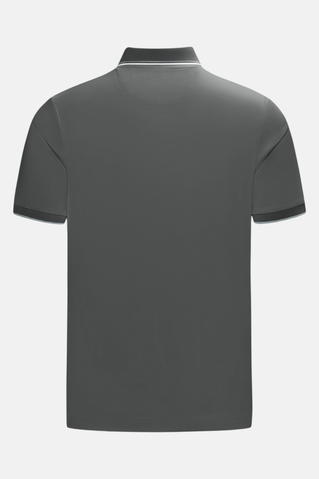 Back view of the 6th Sense Astound December Polo in December, showing a short-sleeved polo with a ribbed collar and sleeve trims, and a thin white stripe along the collar edge.