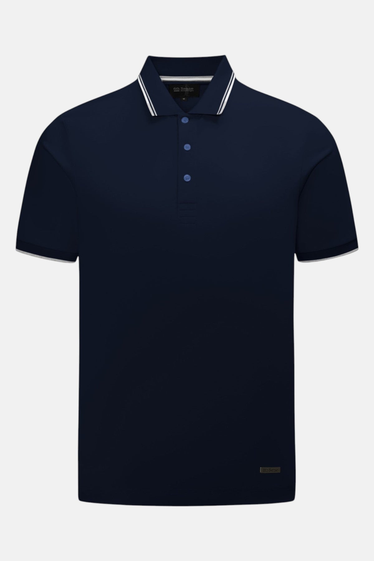 6th Sense Astound Eclipse Polo in Eclipse, front view. Short-sleeve polo with a three-button placket, striped collar trim, striped sleeve cuffs, and a small woven label above the hem.