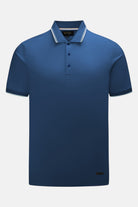 6th Sense Astound Ensign Polo in blue, front view with three-button placket and tipped collar.