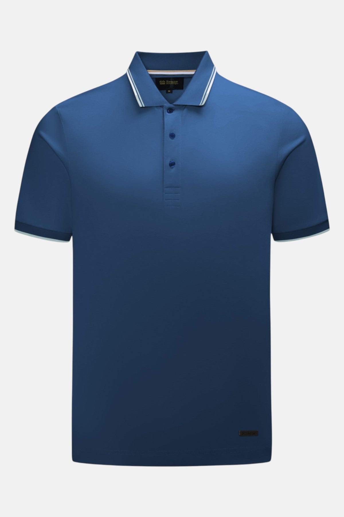 6th Sense Astound Ensign Polo in blue, front view with three-button placket and tipped collar.