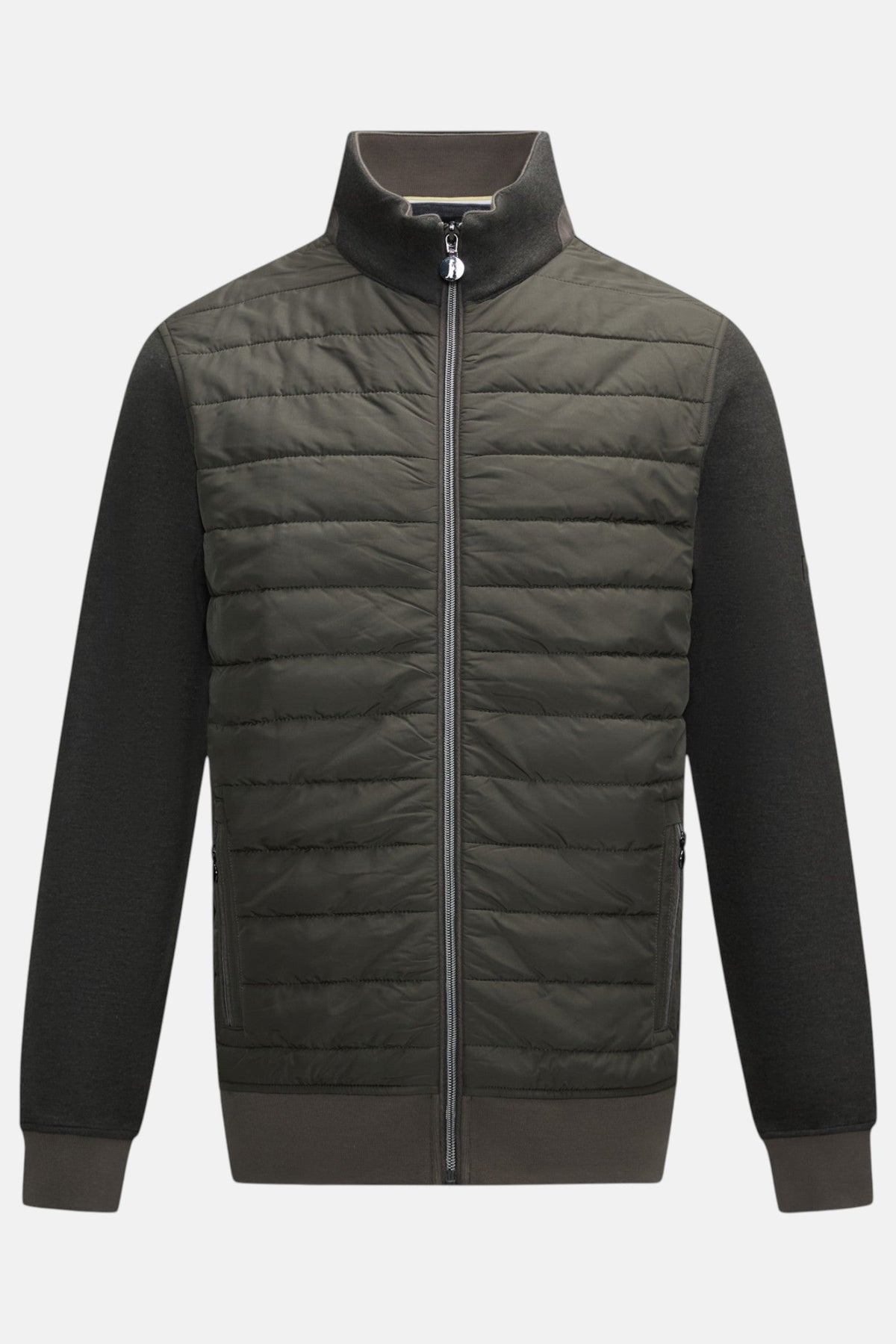 6th Sense Cloud Hybrid Full Zip Peat Jacket in peat with a quilted front panel, smooth sleeves, and a full-length zipper.