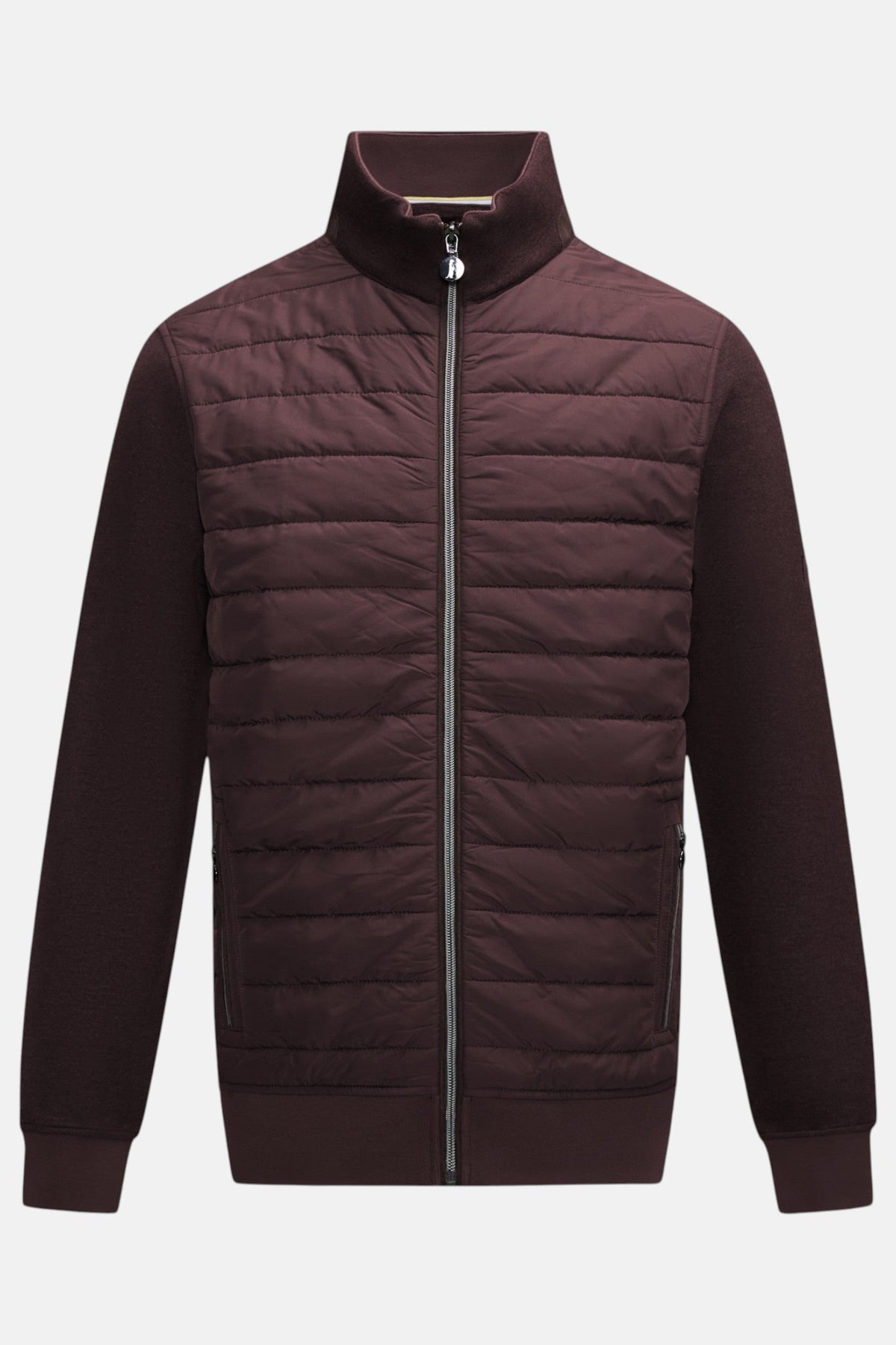 6th Sense Cloud Hybrid Full Zip Plum Jacket front view with quilted body, smooth sleeves and silver zip
