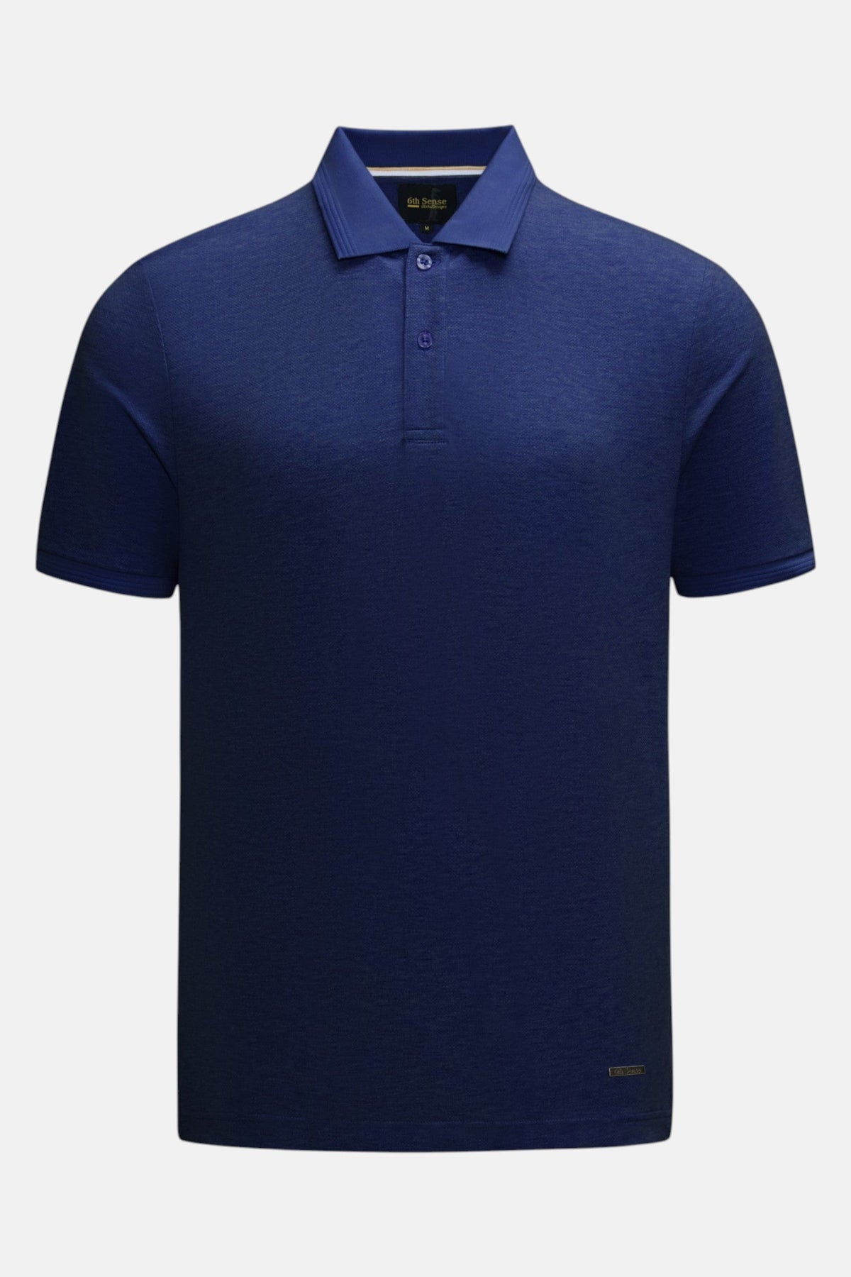 6th Sense Evoke dress blue polo shirt front view with short sleeves and ribbed collar