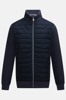 6th Sense Cloud Hybrid Full Zip Navy Jacket front view with quilted body, smooth sleeves, stand collar and silver zip
