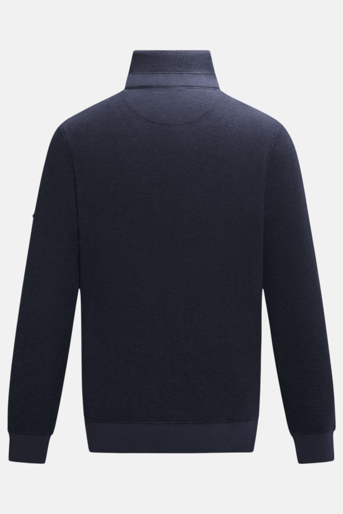 6th Sense Cloud Hybrid Full Zip Navy Jacket back view with plain navy back, stand collar and ribbed cuffs and hem