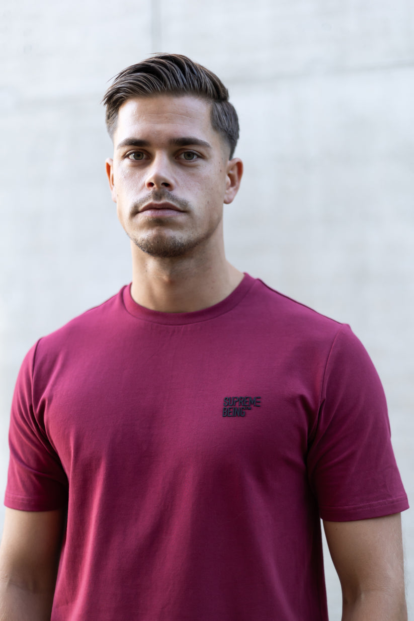 Man wearing a maroon t-shirt with a logo against a plain background