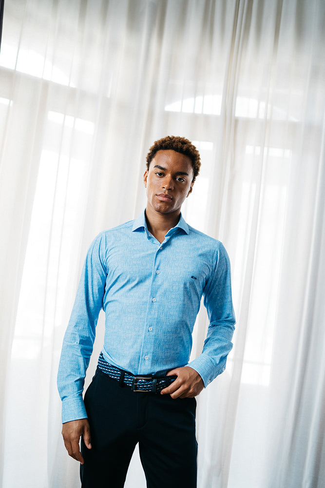 Aytona Blue Long Sleeve Shirt-Model looking straight