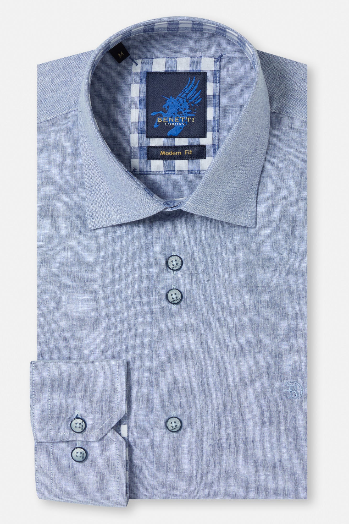 Blue textured shirt with a brand label on a white background