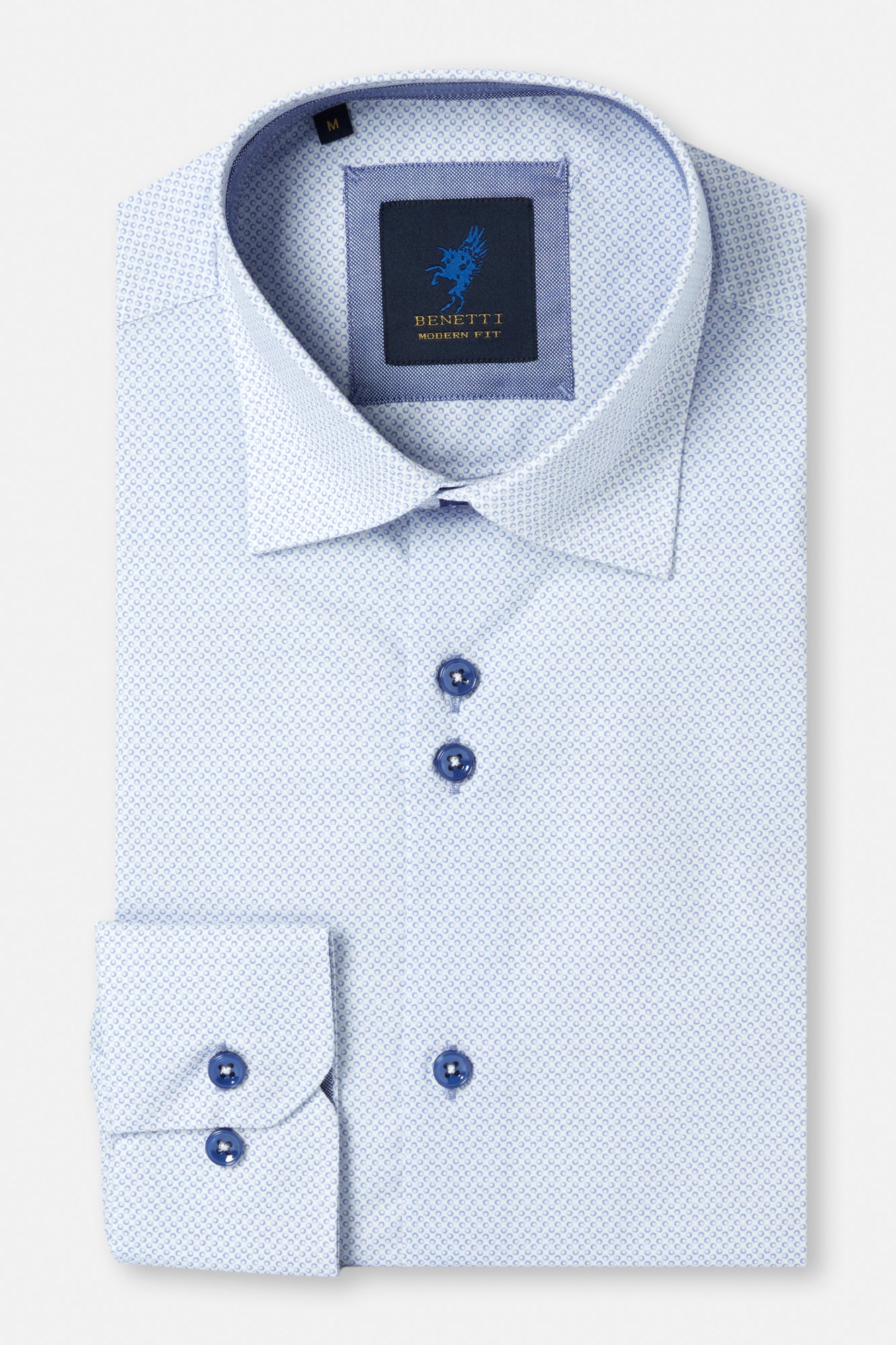 Light blue dress shirt with a patterned collar and cuffs on a white background