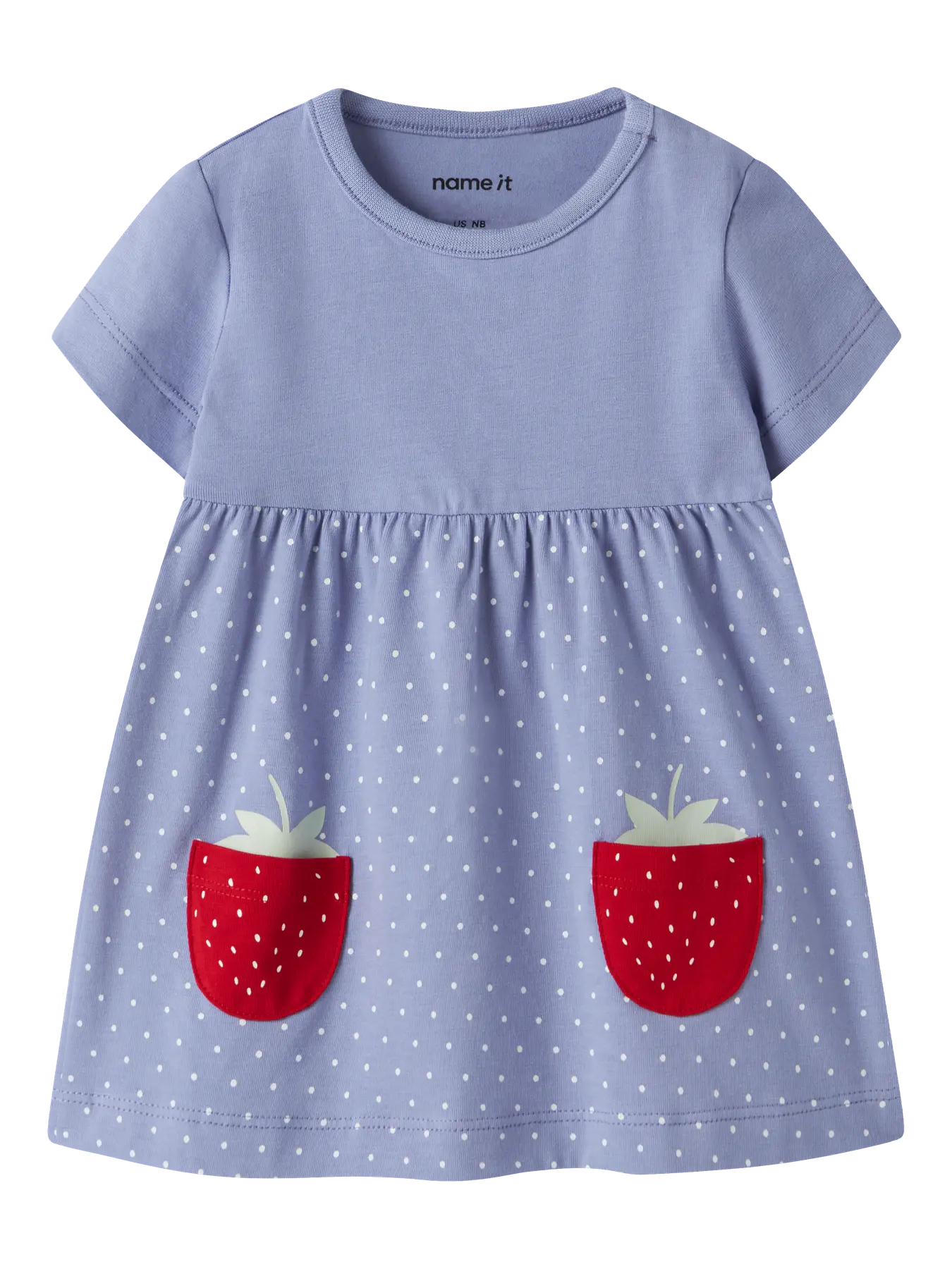 Blue polka dot dress with red strawberry appliqués on a white background