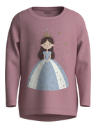 A dusty rose long-sleeve crewneck sweatshirt featuring a cartoon illustration of a princess in a light blue and white dress with gold stars, on a plain white background.