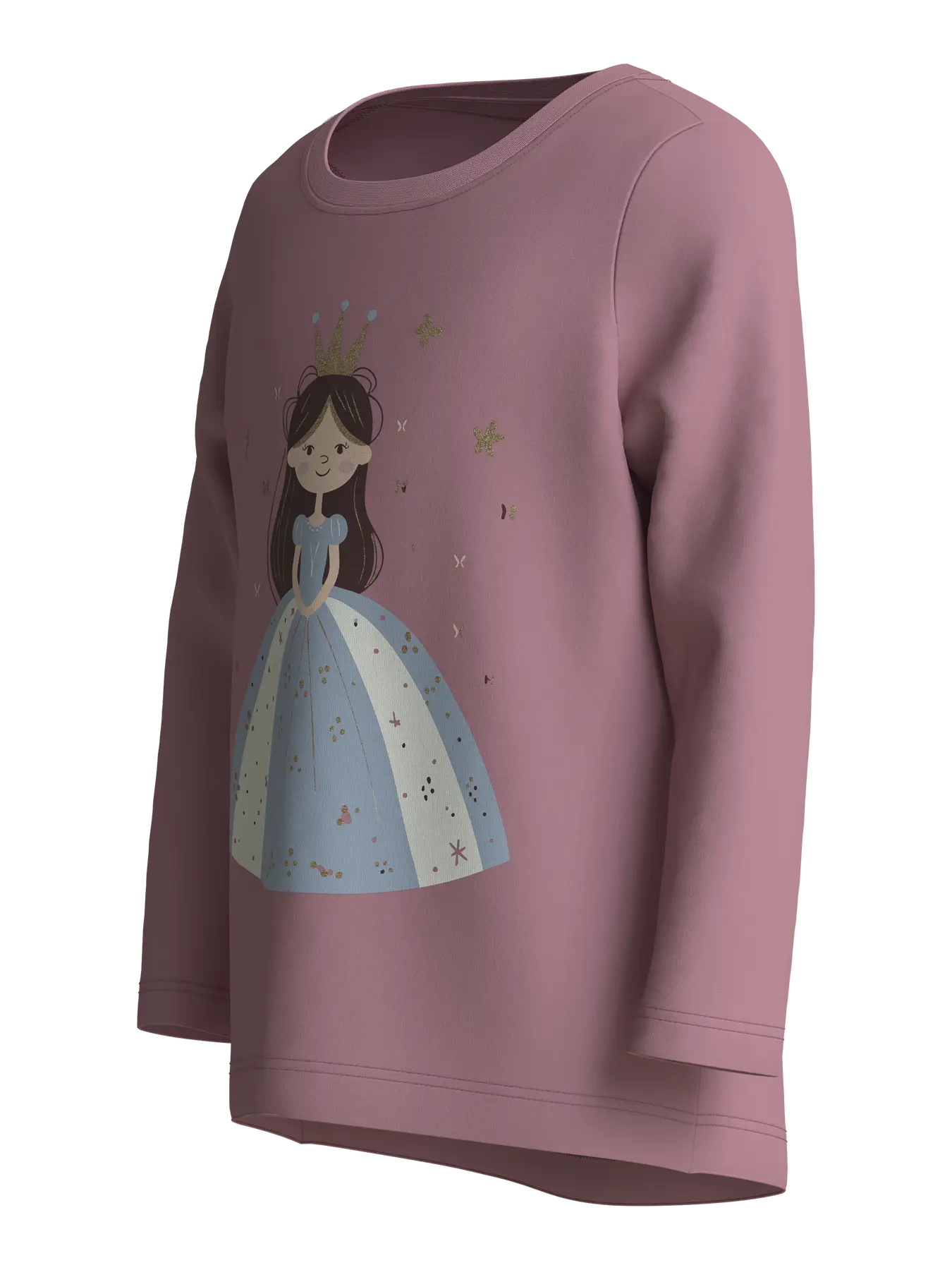 A dusty rose long-sleeve crewneck sweatshirt featuring a cartoon graphic of a princess in a blue and white gown with gold stars.