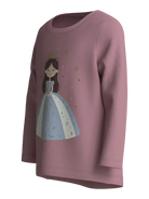 A dusty rose long-sleeve crewneck sweatshirt featuring a cartoon graphic of a princess in a blue and white gown with gold stars.