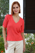 RANT & RAVE LADIES Betsy Coral V Neck Top Coral front view